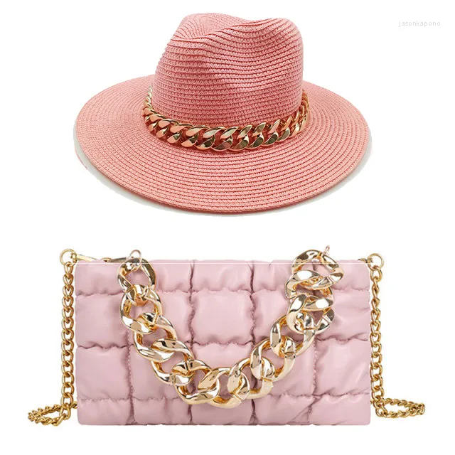 Wide Brim Hats Summer Hat And Bag Set Large Chain Accessories Women's Sun Protection Straw Ladies Fashion Panama Jazz Cap 2022