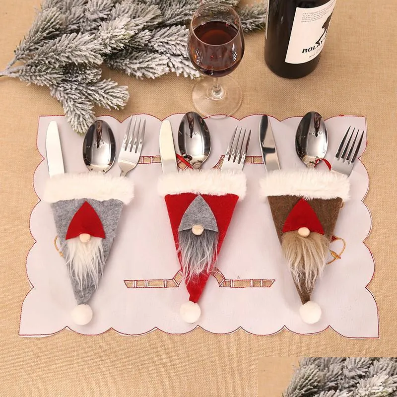 Christmas Decorations Santa Claus Hat Christmas New Year Pocket Fork Knife Cutlery Holder Bag Home Party Table Dinner Decoration Tabl Dhnta