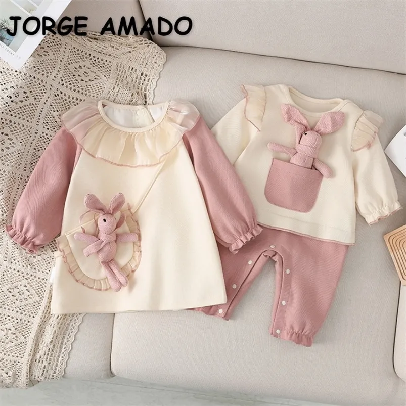 Passende Familien-Outfits, Frühlings-Familien-passende Schwester-Kleidung, lange Ärmel, rosa Kaninchen-Strampler, Prinzessin-Baby-Kleid, niedliche Kleidung, Outfits E9152 220915