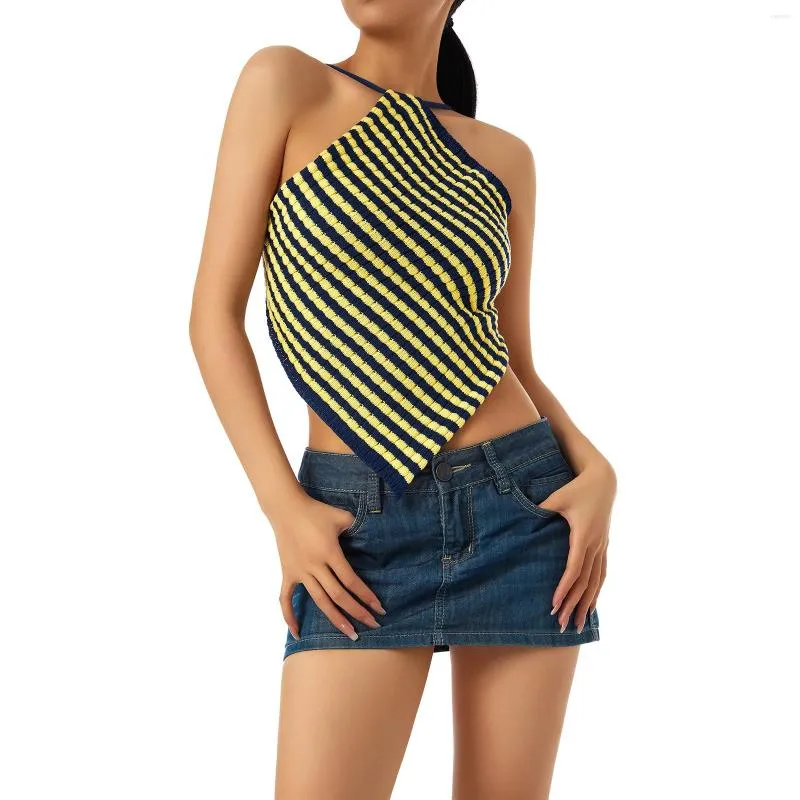 Women's Tanks Open Back Stripe Printed Tie-Up Camisoles Women Sexy Sleeveless Backless Slim-Fit Bandage Knitted Sling Crop Tops Streetwear