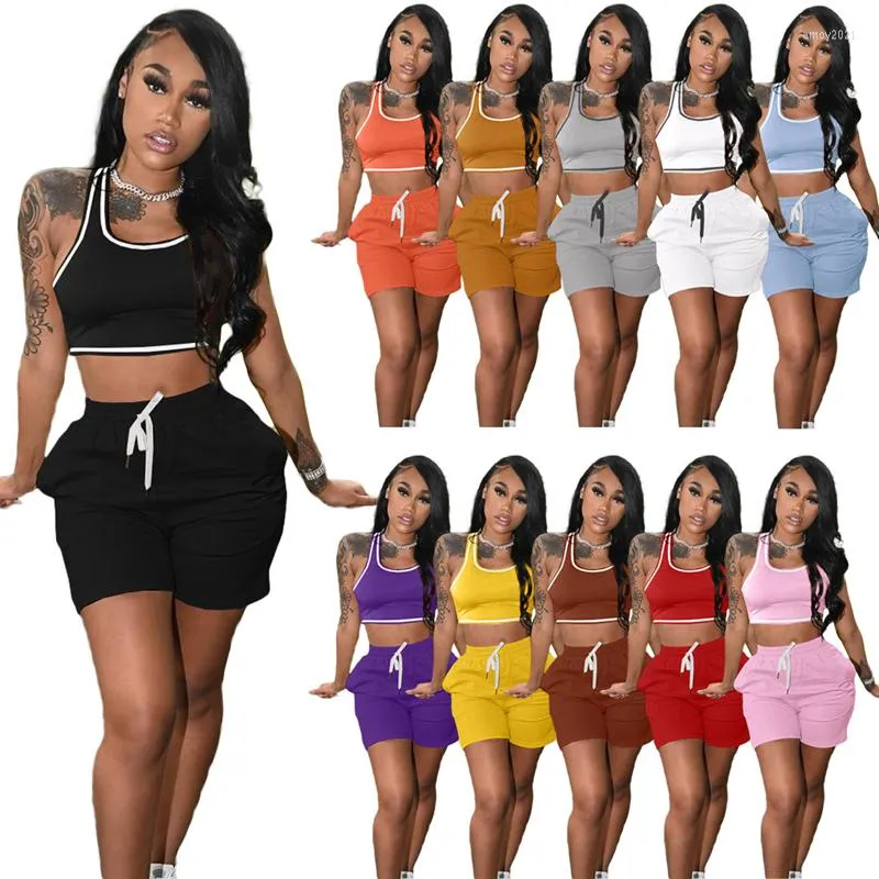 Women's Tracksuits Summer Solid 2pcs Sleeveless Crop Top And Drawstring Sweatpants Shorts Casual Outdoor Sporting Bodycon S-XXL