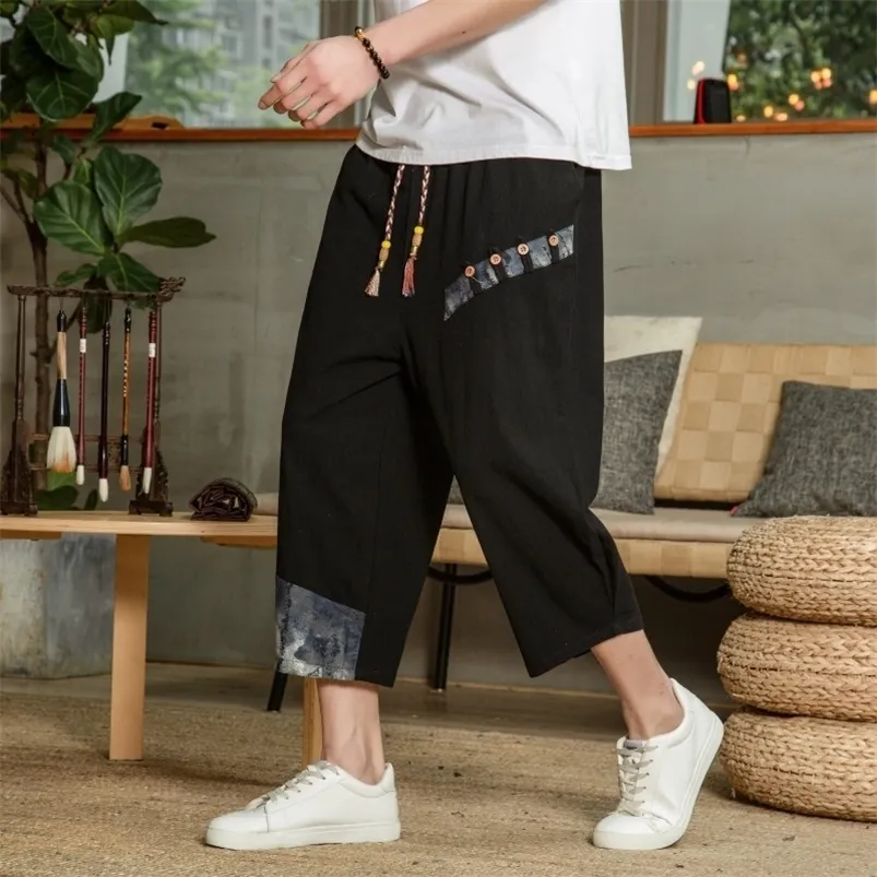 Men's Pants Japanese Cotton Linen Harem Summer Breathable Cropped for Casual Elastic Waist Fitness 220914