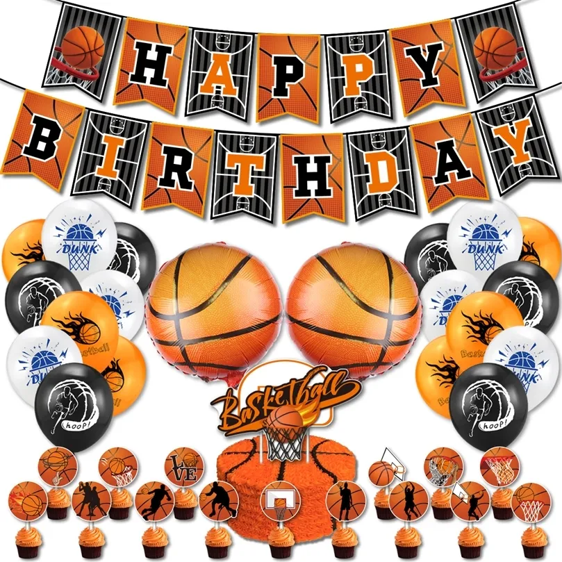 Autres fournitures d'événement Supplies 39pc Basketball Theme Party Decoration Decoration Sports Boys Buzer Pull Flag Cake Insert Card Balloon Birthday Party Supplies Set 220914