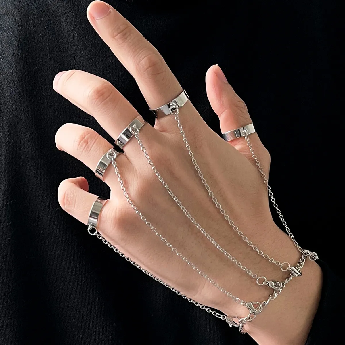 6Sets Punk Kette Handgelenk Armband Ringe Für Frauen Männer Charme Emo Abnehmbare Ring Mode Schmuck Geschenk