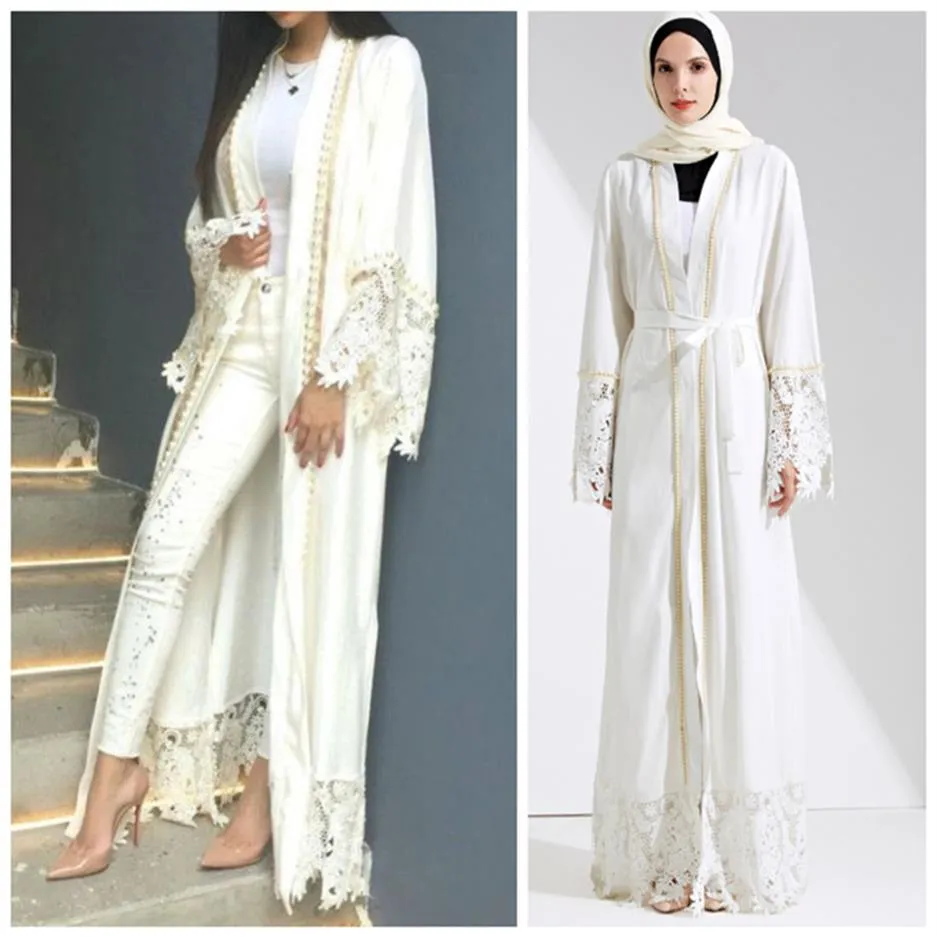 الدانتيل المسلم Maxi Dress Abaya Embroidery Cardigan Pearl Long Rets Tunic Kimono Jubah East East Ramadan Arab Islamic Clothing 2716