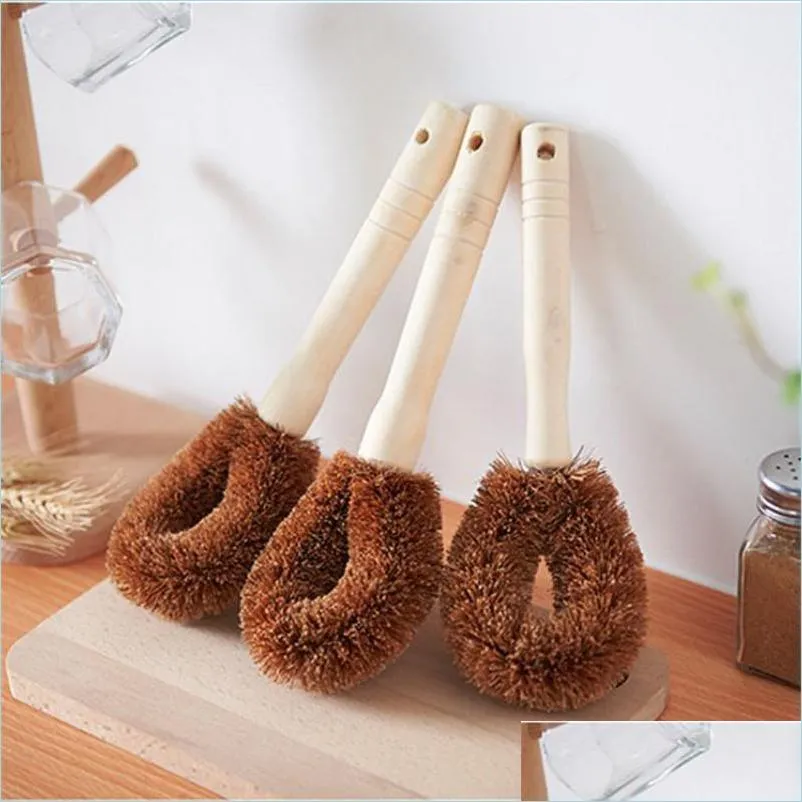 Rengöringsborstar Coconut Palm Pot Cleaning Brush Wood Long Handle Kitchen Supplies Artifact Accessories Drop Leverans 2021 Home Gar DHG5H