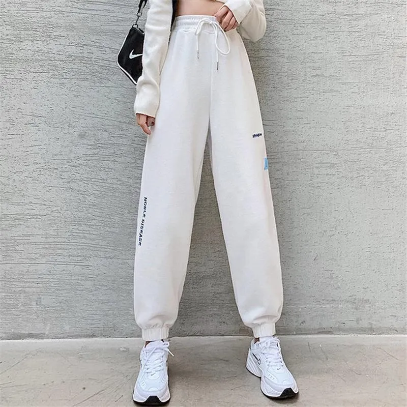 Calça feminina feminina capris elástica cintura hip hop harém feminino de moletom de moletom casual estilo coreano impressão longa branca pantalon