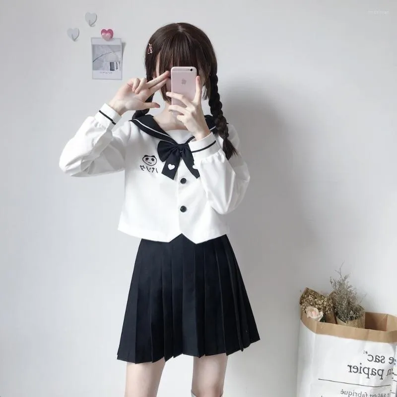 Kläder sätter 2st high-end jk enhetlig anime för flickor japanska korea topp kjol tie skolkläder student sjöman cosplay svart vit kostym