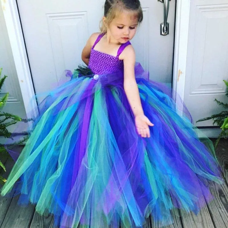 Girl Dresses Peacock Cosplay Halloween Tutu Feather Girls Kläder Storlek 1-14 år Kostymer för småbarn