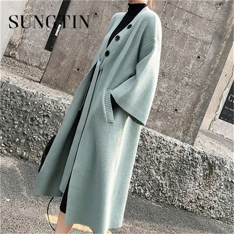 Women's Knits Tees Sungtin Oversized Knitted Cardigan Sweater Women Lace Up Korean Solid All Match Loose Cardigan Vintage Batwing Sleeve Chic Coats 220914