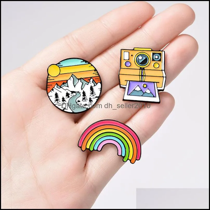 Spille Spille Arcobaleno Montagna Carino Piccolo Divertente Smalto Spille Spille Per Le Donne Demin Camicia Decorazione Spilla Pin Metallo Kawaii Distintivo Fashi Dhad0