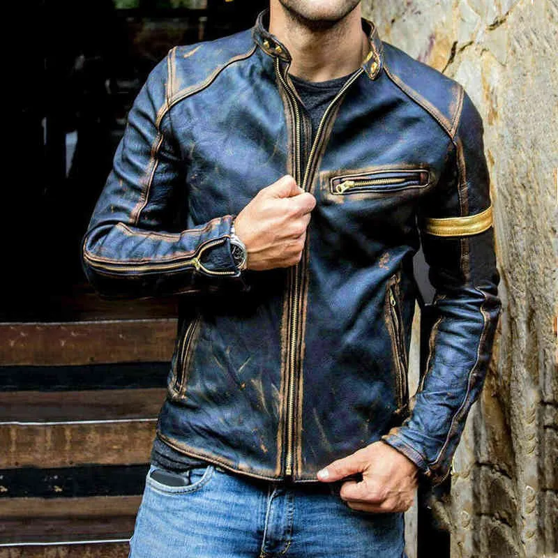 Jaquetas masculinas jaqueta de couro masculino envelhecido grafite casacos de couro sintético gola alta punk outono casual zíper patchwork motocicleta jaqueta pu t220914