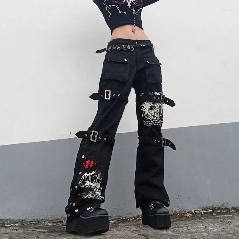 Women's Pants Women's & Capris Fernan Y2K Punk Skull Print Black Buckle Harajuku High Waist Women Wide Leg Trousers Goth Mall Grunge