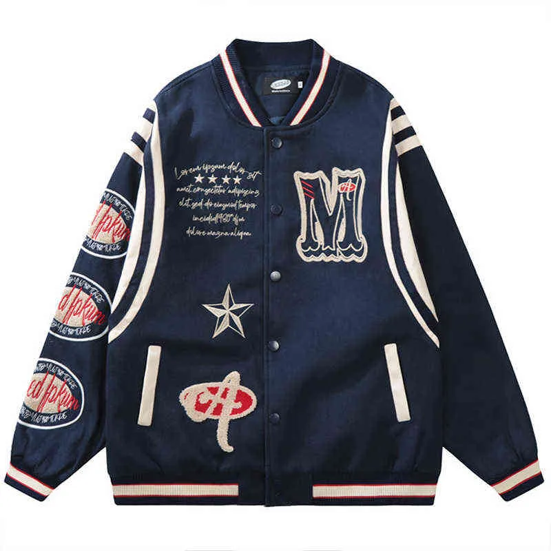 Jackets masculinos estrelas de letra Bordado do time do colégio Homp Hip Hop Retro Loose Baseball Uniform Casal HK Style Fall Coats Jaqueta Masculina T220914