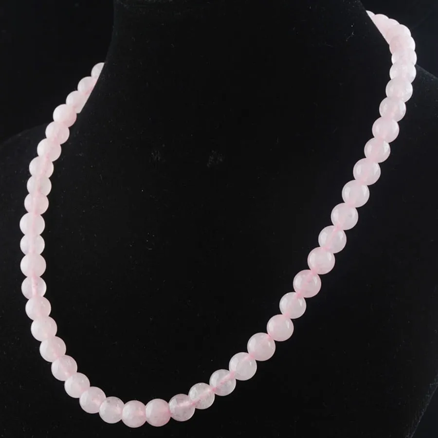 Söta/romantiska pärlor halsband smycken rose kvarts sten pärlor 8mm runda naturliga stenar strand kvinnor mode 18 tum f3031