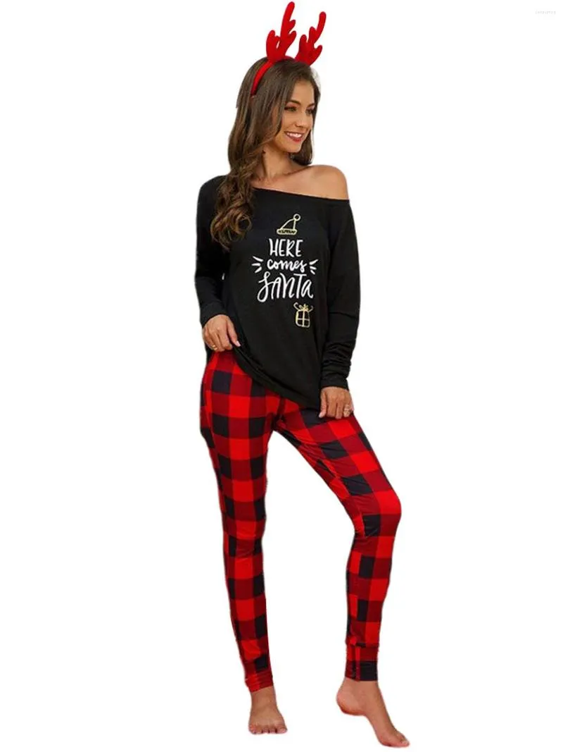 Dames tweedelige broek Dames Slaap Top Kerstpak Ronde Kraagletters Plaid Print losse elastische huiskleding