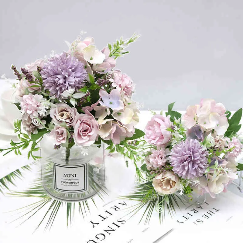 Faux Floral Verdure 7 Têtes Hortensia Fleurs Bouquet Artificiel Soie Floraison Faux Pivoine Mariée Main Fleur Roses Centres De Mariage Décor J220906