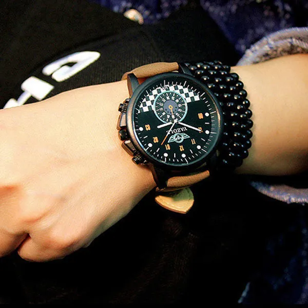 Y Yazole Mens Sports Wristwatch Compass Brown Leather Band Analog