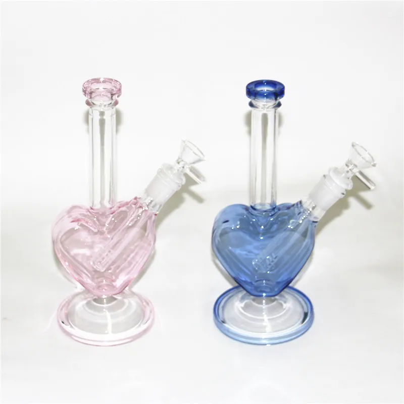 Hookahs Glass Bong Dab Rig 14mm joint Recycler Rigs Tube Water Pipe bongs with pink heart shape smoking Bowl nectar