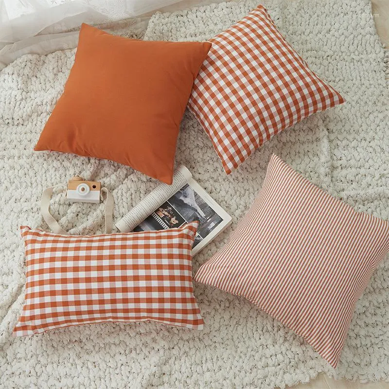 Oreiller Automne Halloween Polyester Coton Couverture Check Stripe Orange Taie D'oreiller Couvre Décoratif De Canapé Lit Tête