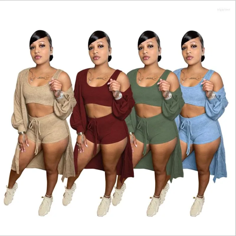 Kvinnors spårningsdräkter Sexiga 3-stycken Set Women Fall Winter Clothes Solid Sleeve Coat Tank Top Shorts Set Fitness Club Outfit Streetwear