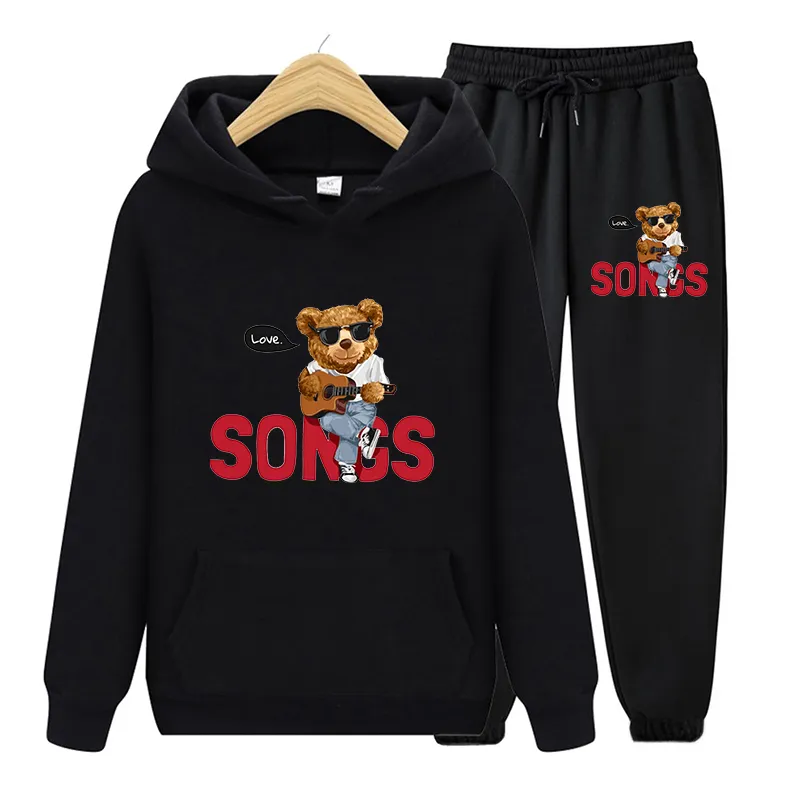 Womens Cute Bear Print Hooded Tracksuits, 2-Piece Casual