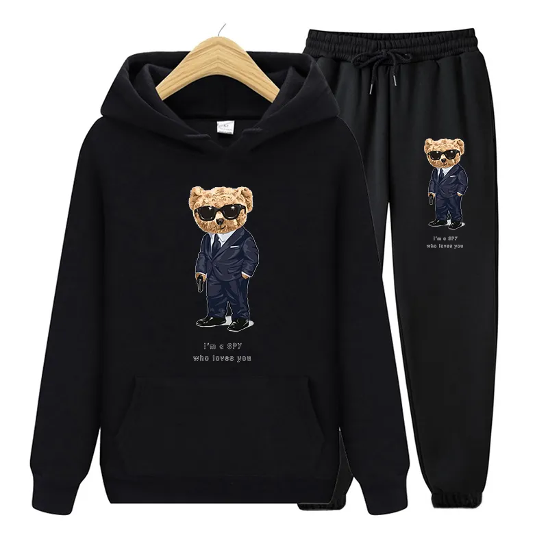 Womens Cute Bear Print Hooded Tracksuits, 2-Piece Casual