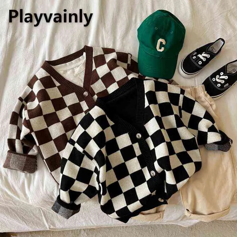 Pullover 2022 Korean Stil Ny Autumn Boy Girl Sweater Coat Coffee Black Chessboard Plaid V-Neck Knitwear Baby Clothes E7901 0913