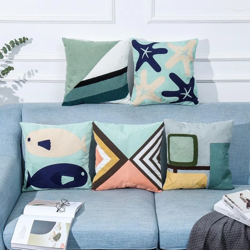 Travesseiro abstrato bordado bordado marinho capa azul sofá bordado nórdico 45x45 para a decoração da casa turquesa da sala de estar decoração