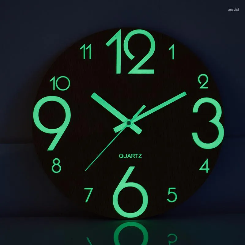 Relógios de parede Relógio de madeira Número luminoso pendurado Slient escuro brilhando relógios modernos decoração para sala de estar