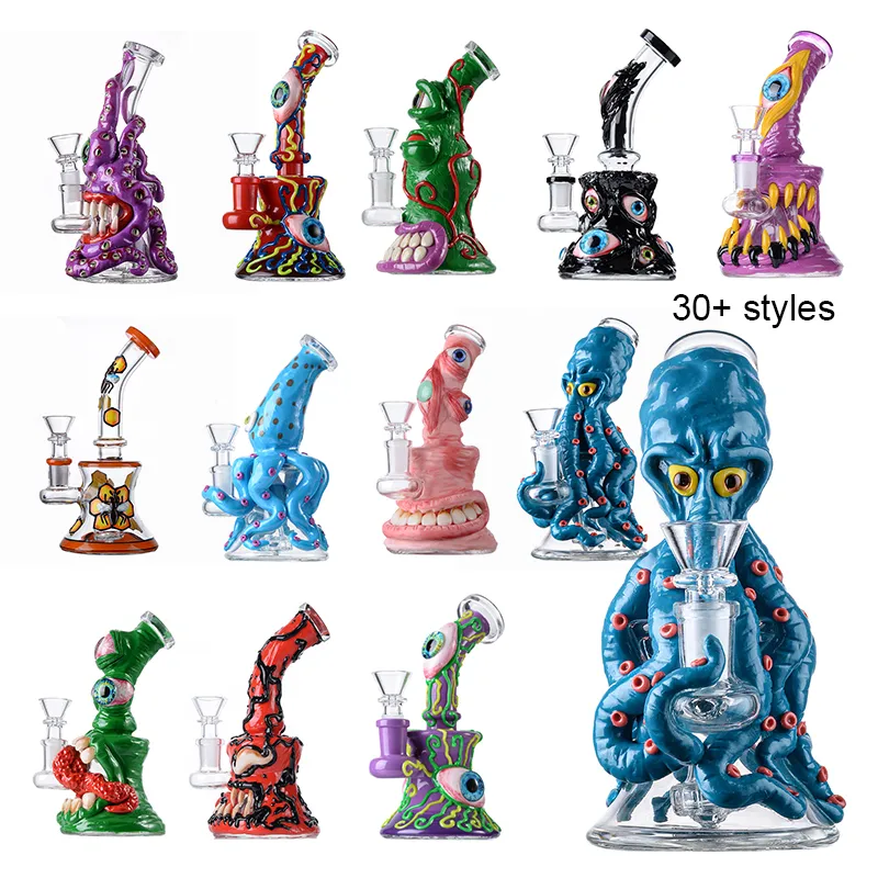 Uniqe Bongs de vidrio Estilo de Halloween Cachimbas 7 pulgadas Mini Plataformas pequeñas de aceite Cubilete Cabezal de ducha Perc Percolador Ojo Artesanía Tuberías de agua Junta de 14 mm con tazón