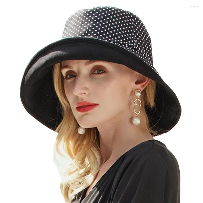 Cappelli larghi brim FS Black UV Protezione UV Curling Polka Dot Sole per le donne Cappelli da visiera a secchio pieghevole.