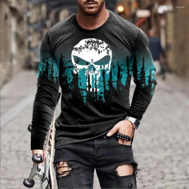 Herr t-skjortor skräck fyrkantig bomullsmaterial Män o hals långärmad casual t-shirt 3D digital tryck smal tröja