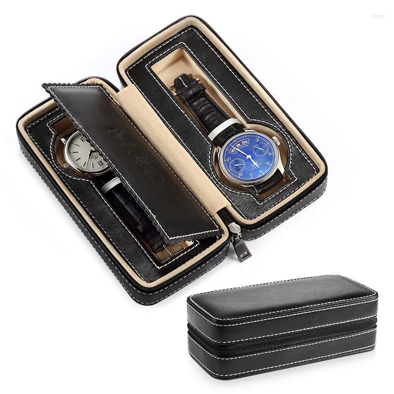 Titta p￥ l￥dor Black Box och f￶rpackning Rectangles Portable PU Leather 2 Watches Organizer Holder Zipper Jewelry Ring Display Case