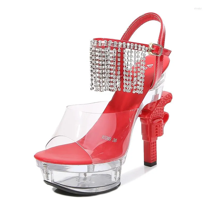 Chaussures habillées femmes talon pistolet cristal sandales hautes été strass gland Sexy 10314 série 14cm 4cm plate-forme LFD