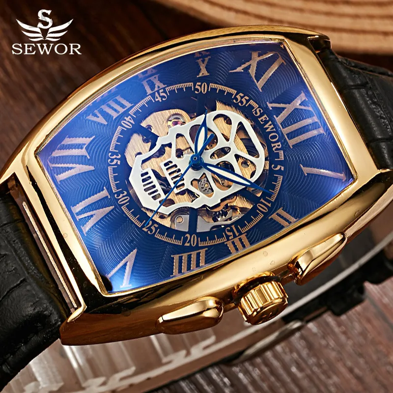 Orologio Meccanico Automatico Da Uomo Quadrato Tonneau Con Scheletro E Cinturino In Pelle - 2