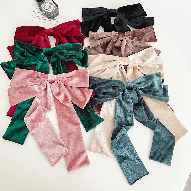 New Fashion Solid Color Barrette Bow Ribbon Hairpin For Female Girls Back Head Spring Clip Velvet Headwear Hair Accessories hot