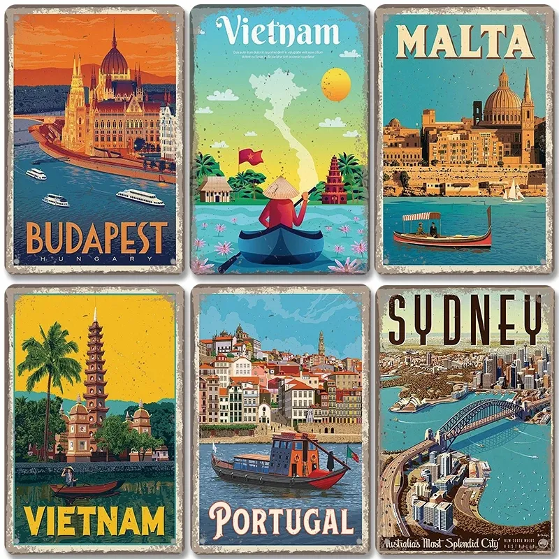 Retro Art Metal Poster Plate Vintage City Landscapes For Beach & Living Room Decor, 20x30cm
