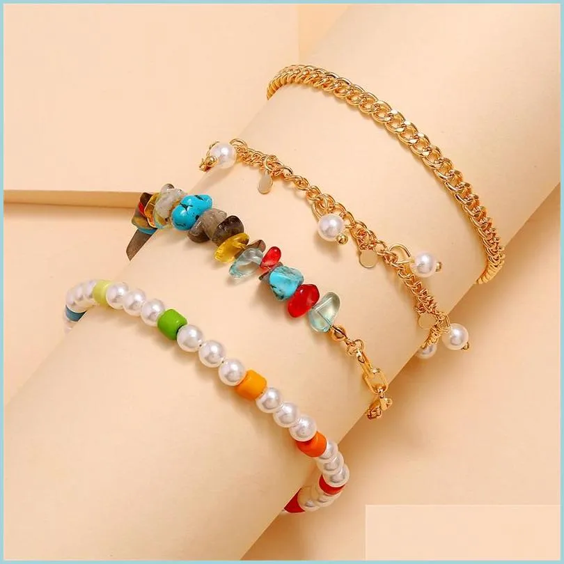 Anklets Women Anklets Chains 4Pcs Set Pearl Disc Natural Gravel Tassel Handmade Mti-Layer Boho Beach Anklet Foot Ankle Chain Jewelry Dhvbj