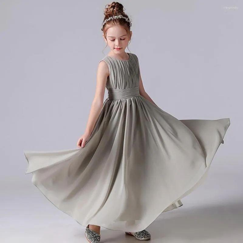 Flickklänningar Chiffon veckad blomma med Sashes Kids Weddings Birthday Fest Pageant -klänningar Junior Bridesmaid Dress 2022