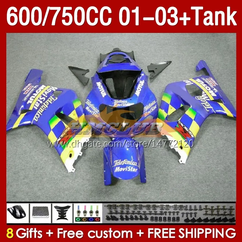 OEM MOVISTAR Blue Fairings Tank dla Suzuki GSXR-750 GSXR600 750CC K1 GSXR750 01 02 03 152NO.69 600cc GSXR 750 600 CC 2002 2002 2003 GSXR-600 01-03 Wtrysle wtrystyczny