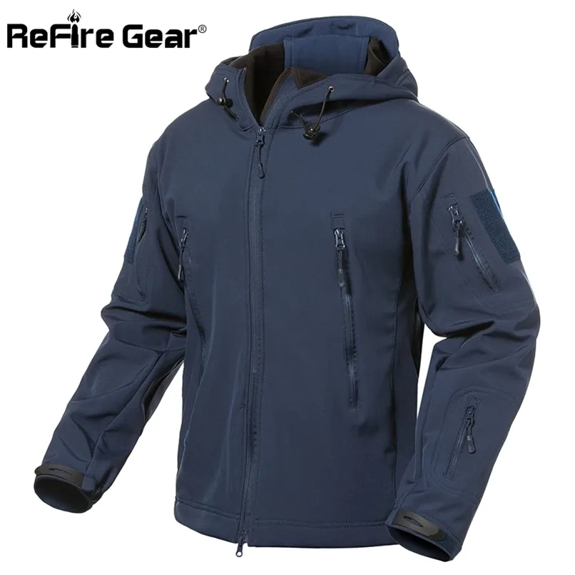 Męskie kurtki Refire Blue Blue Soft Shell Men Waterproof Army Coat Zimowa ciepła polarowa z kapturem wiatrówek 220915