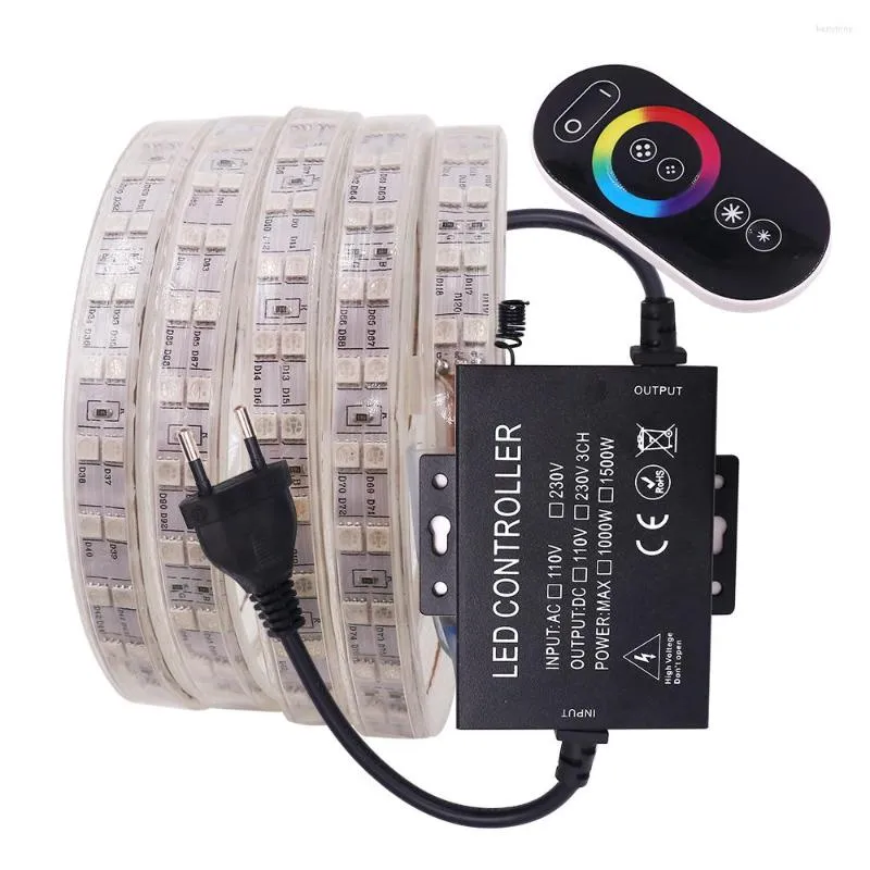 Tiras 220V RGB Tira de luces LED 120LED / m Impermeable IP67 Control remoto táctil Doble fila Cinta flexible Decoración EU UK AU