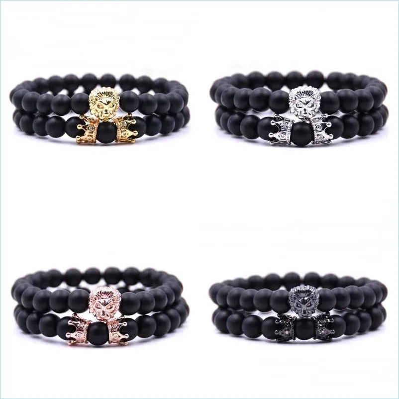 Straski z koralikami Lion Crown Bracelet Frosted Black Kead Charm Branselets Men Men Kobiet Breyband Akcesoria biżuterii Łańcuch 4 8BB G2 DHWDS