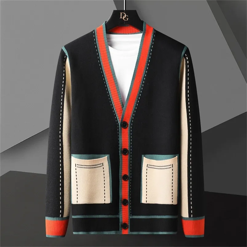 Мужская шерстяная смеси высокого качества контрастных цветов, украшение, вязание кардиган с длинным рукавом Slim Fit Sweater Cardigan мужской одежда 220915