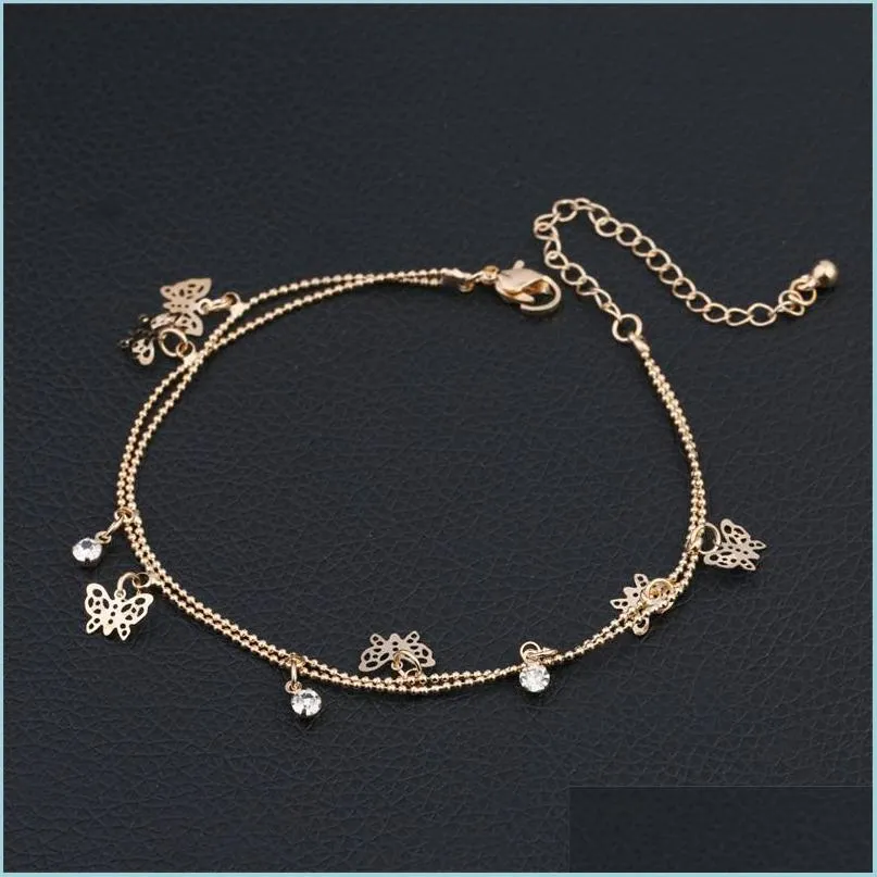 Cheville Papillon Cheville Perle Charme Double Mode Chaîne Bijoux Pont Pied Femmes Cheville Bracelets Vacances Cadeau Ornement 2 45Zy K2 Drop Dhduq