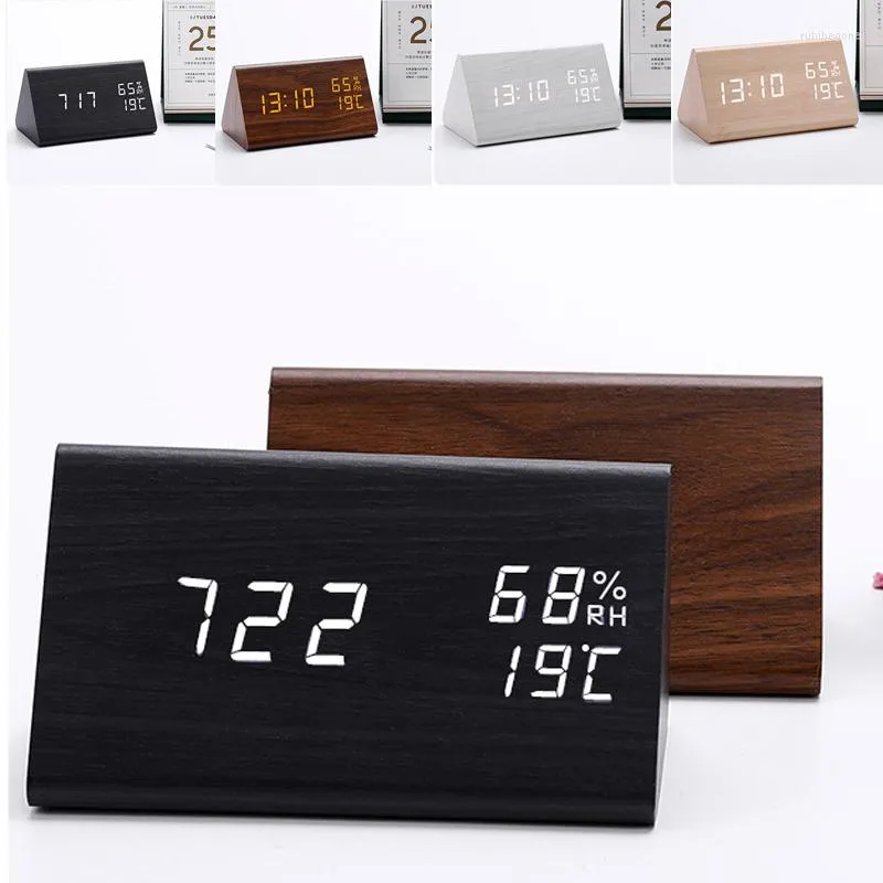 Klockor tillbehör USB/ LED trä Alarmklocka Klocka Bord Voice Control Digital Wood Despertador Elektronisk skrivbord Heminredning