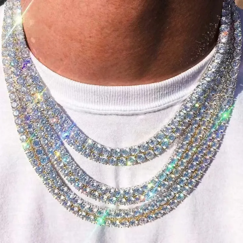3mm 4 mm 5 mm Hip Hop -Tennisketten Schmuck M￤nner Diamant Halsketten Fr￼hlingschnalle 18k Real Gold Bling Absolvent