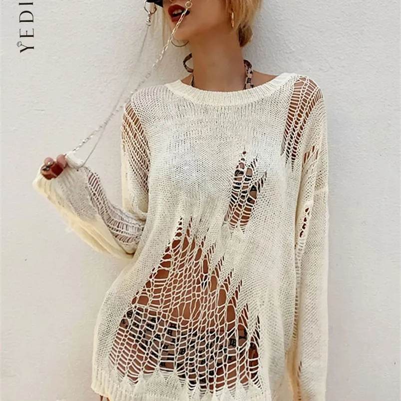 Kobiety Knits Tees Yedinas pusta seksowne sweter kobiety luźne dzianiny dziura dziura dziura pullover długie rękaw 11 -nadmowy streetwear amerykański styl 90s 220915