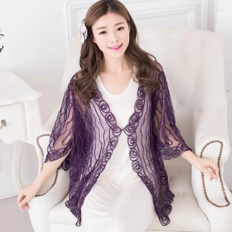 Women's Knits Vintage Gatsby Women's Lace Cardigan Big Size Flare Sleeve V Neck Thin Sheer Embroidery Mesh Striped Poncho Coat
